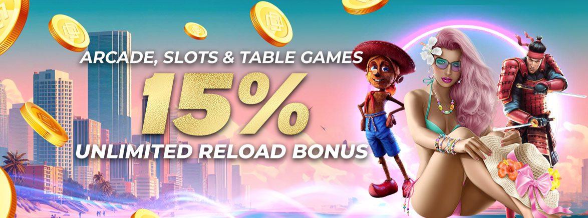 Arcade, Slots & Table Games 15% Unlimited Reload Bonus